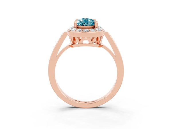 Rose gold Pear Cut Blue Topaz Halo Ring with Split Shank and Four-Prong Setting