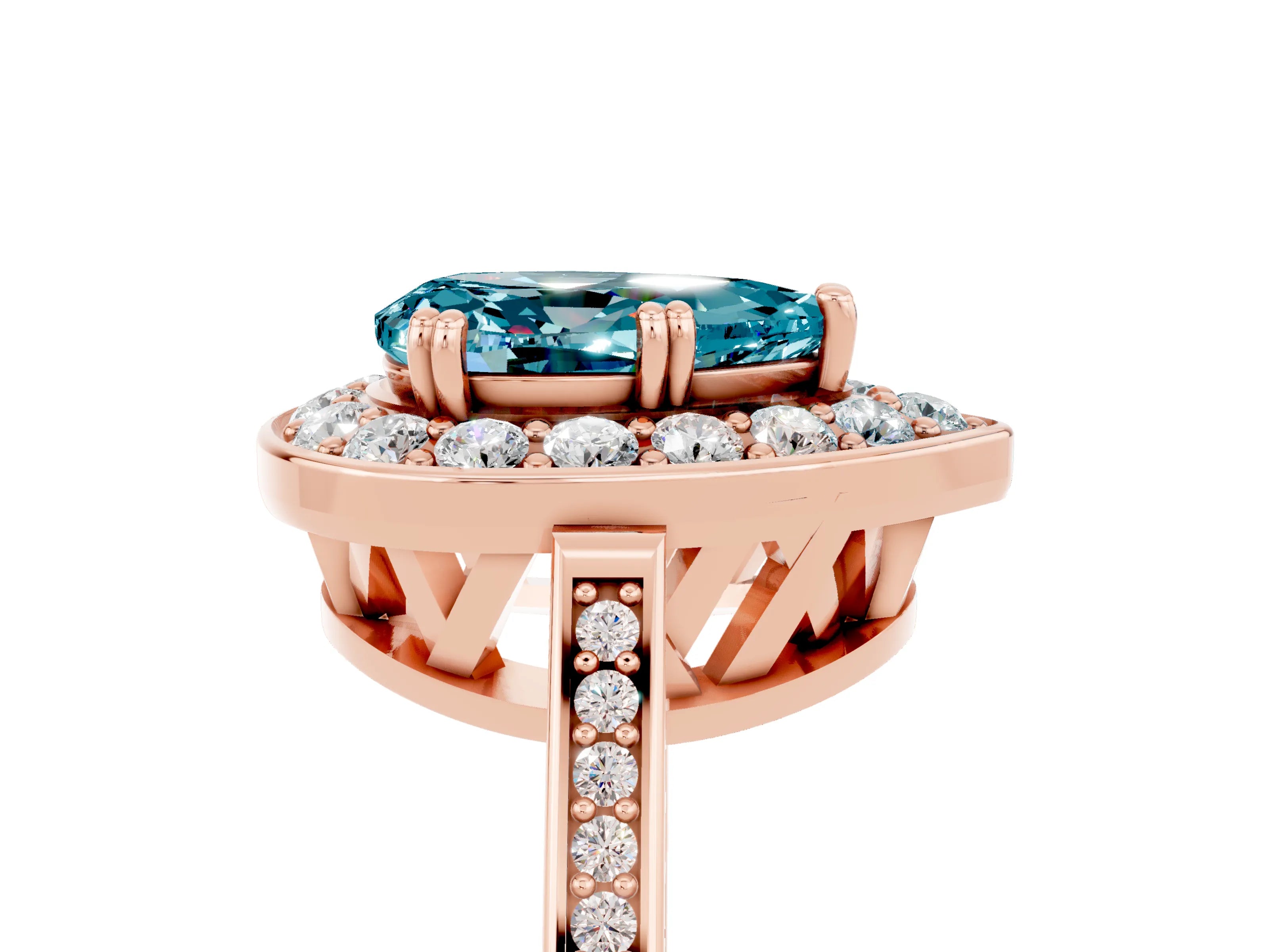 Rose gold Pear Cut Blue Topaz Halo Ring with Split Shank and Four-Prong Setting_5
