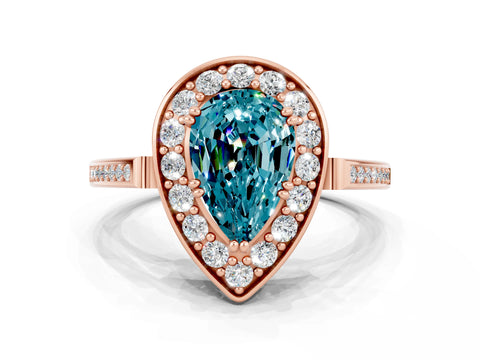 Rose gold Pear Cut Blue Topaz Halo Ring with Split Shank and Four-Prong Setting