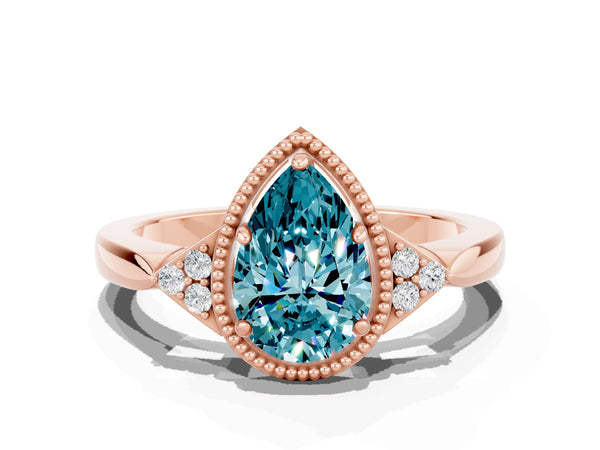 Rose gold Pear Cut Blue Topaz Halo Ring with Tapered Band and Four-Prong Setting
