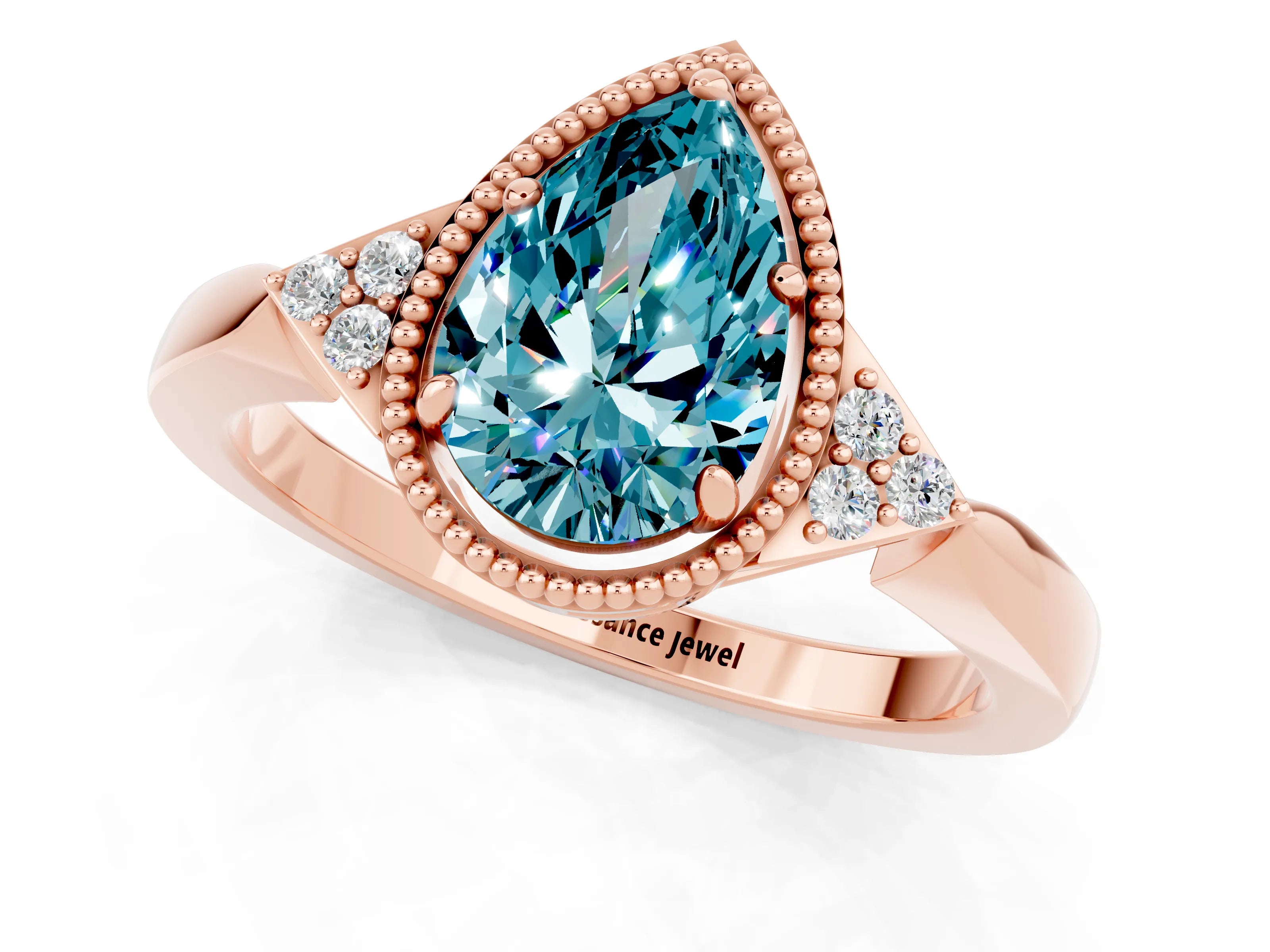 Rose gold Pear Cut Blue Topaz Halo Ring with Tapered Band and Four-Prong Setting_1