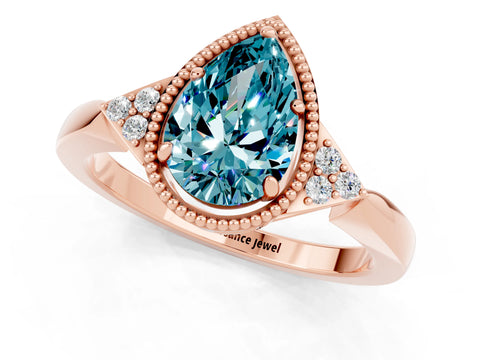 Rose gold Pear Cut Blue Topaz Halo Ring with Tapered Band and Four-Prong Setting_1