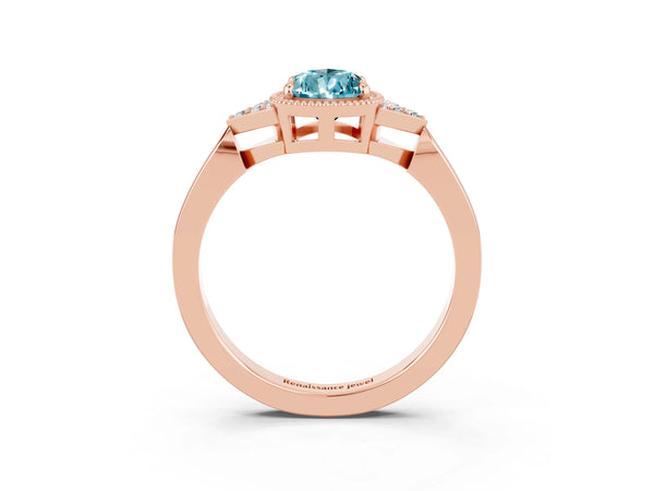 Rose gold Pear Cut Blue Topaz Halo Ring with Tapered Band and Four-Prong Setting