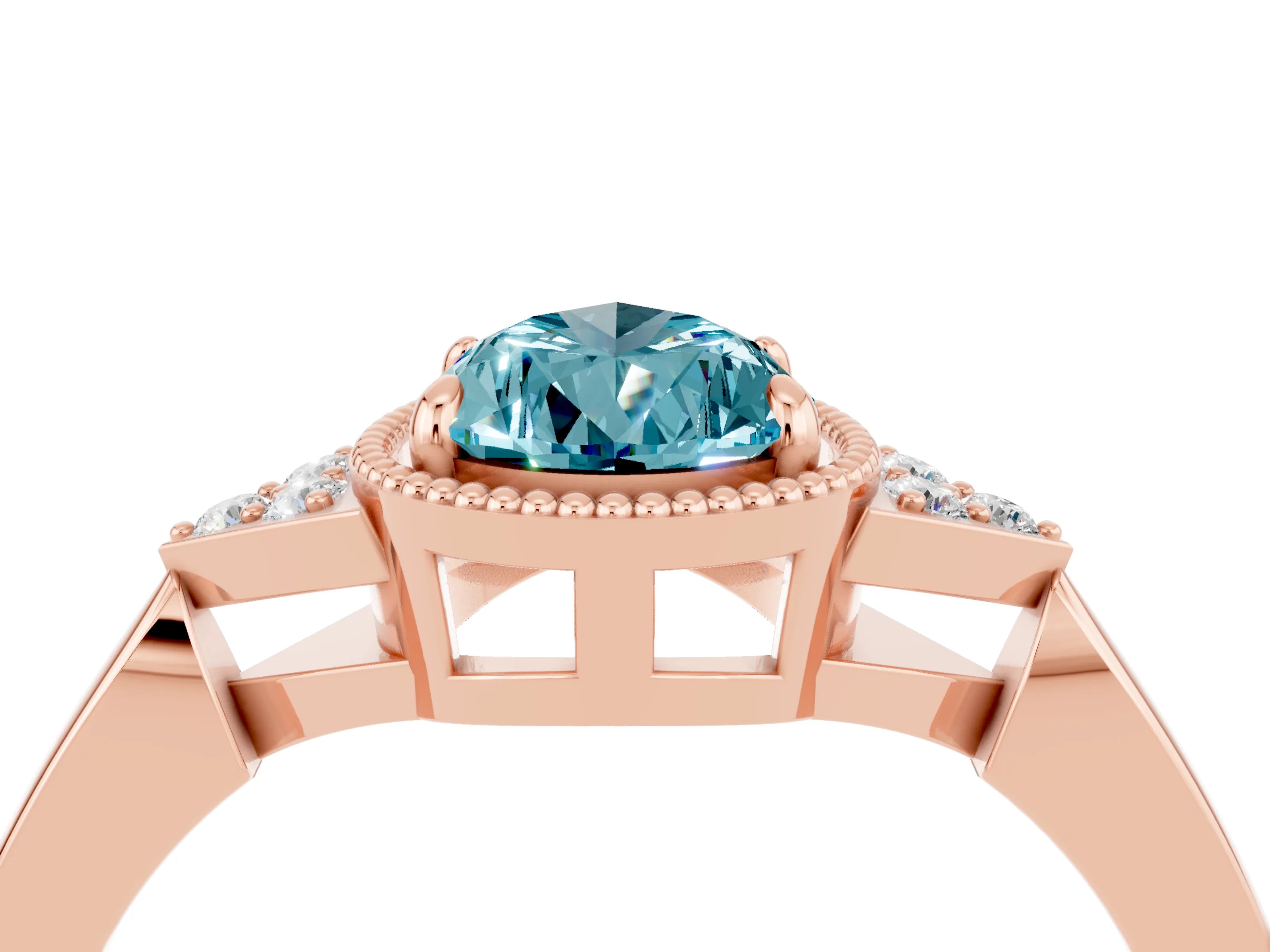 Rose gold Pear Cut Blue Topaz Halo Ring with Tapered Band and Four-Prong Setting_4