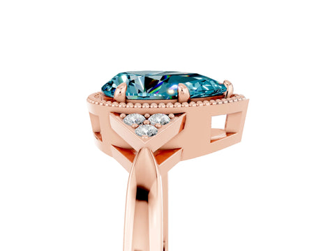 Rose gold Pear Cut Blue Topaz Halo Ring with Tapered Band and Four-Prong Setting_5