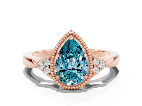 Rose gold Pear Cut Blue Topaz Halo Ring with Tapered Band and Four-Prong Setting