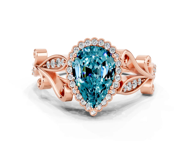 Rose gold Pear Cut Blue Topaz Halo Ring with Vintage Split Shank and Four-Prong Setting
