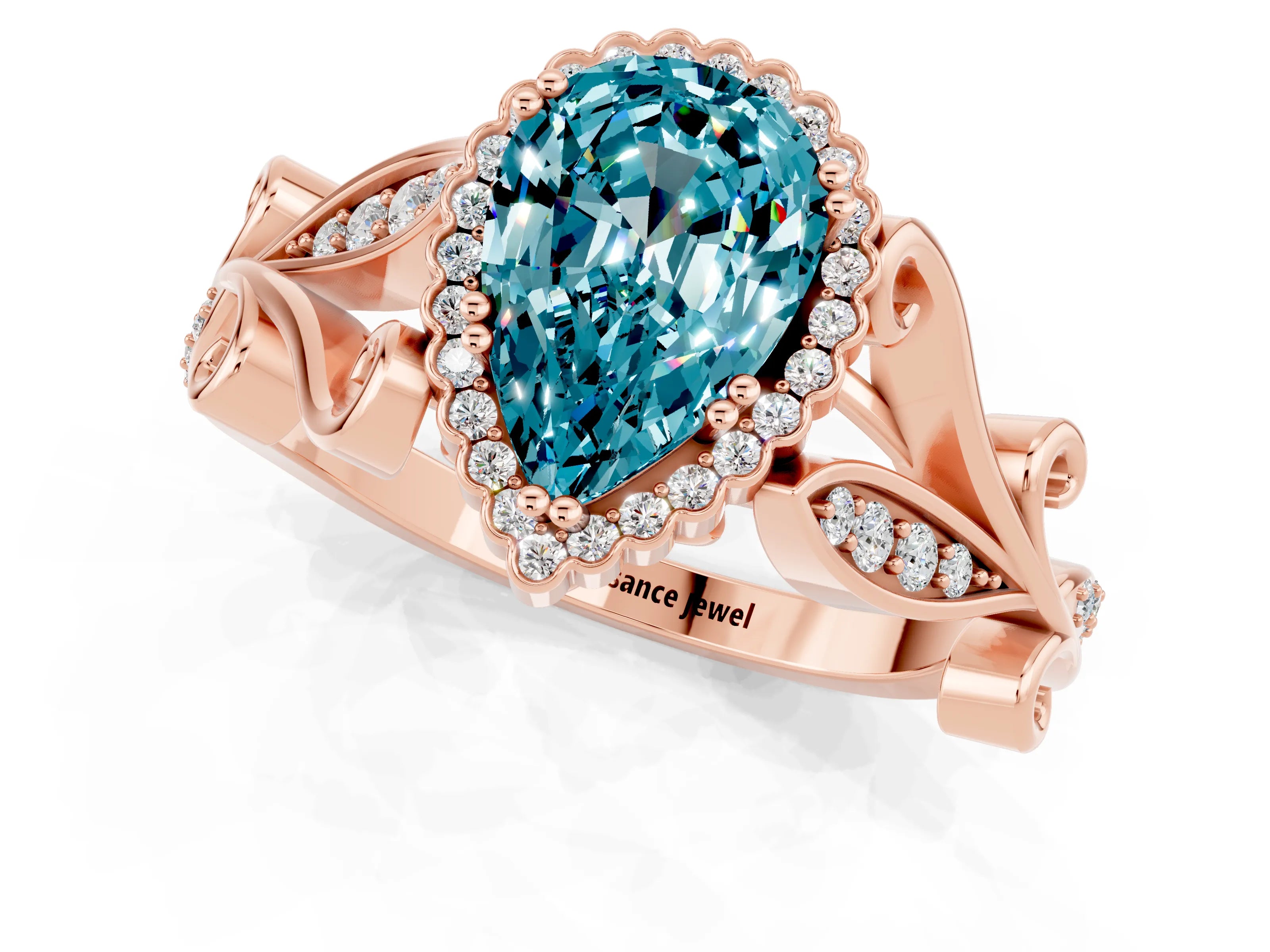 Rose gold Pear Cut Blue Topaz Halo Ring with Vintage Split Shank and Four-Prong Setting_1