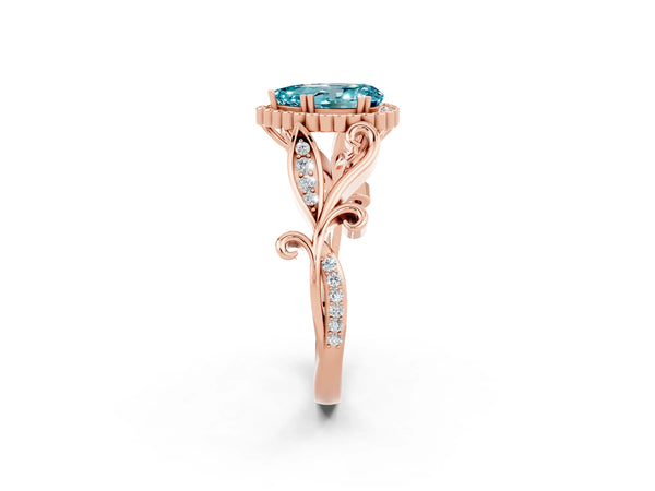 Rose gold Pear Cut Blue Topaz Halo Ring with Vintage Split Shank and Four-Prong Setting