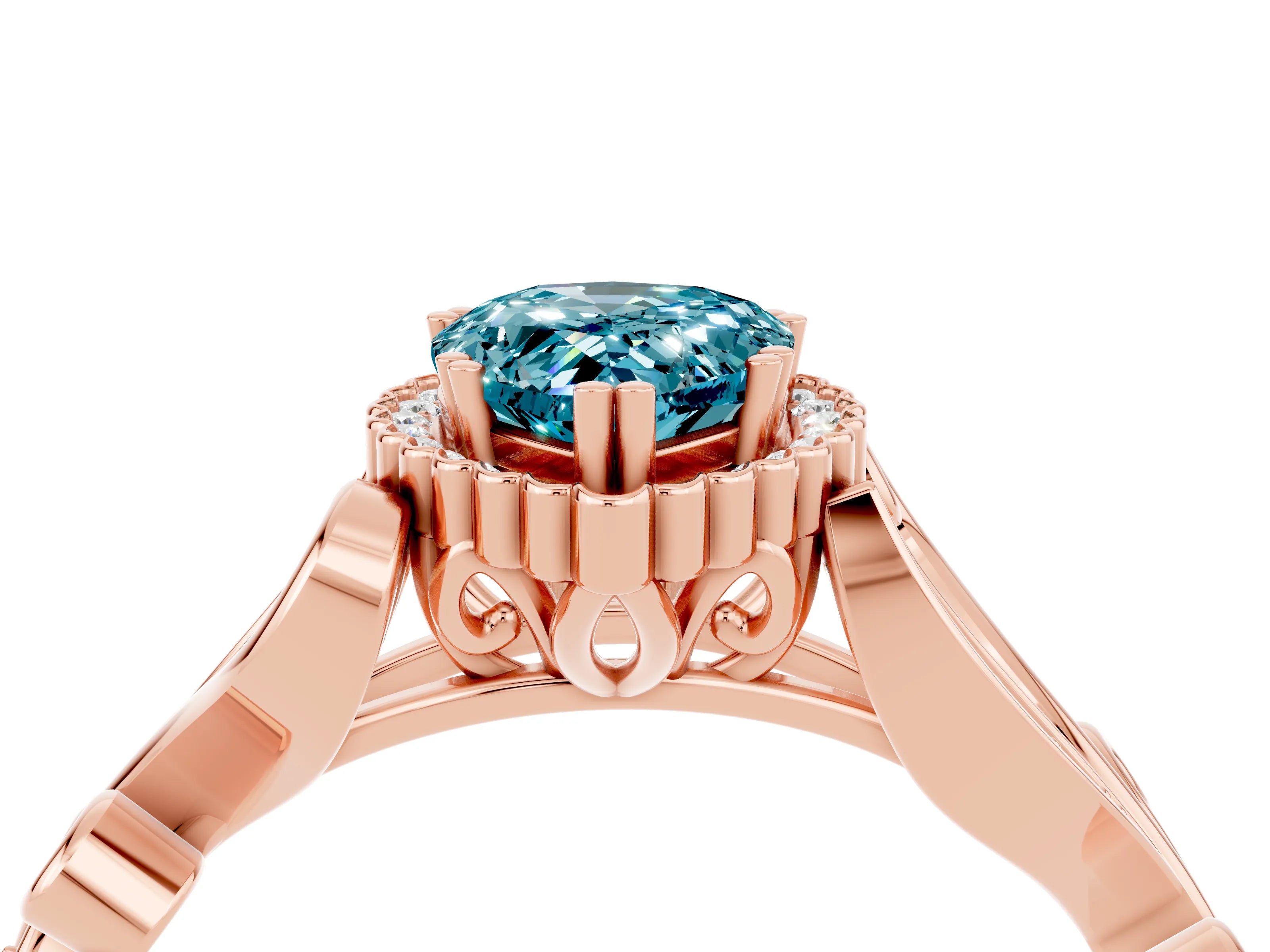 Rose gold Pear Cut Blue Topaz Halo Ring with Vintage Split Shank and Four-Prong Setting_4