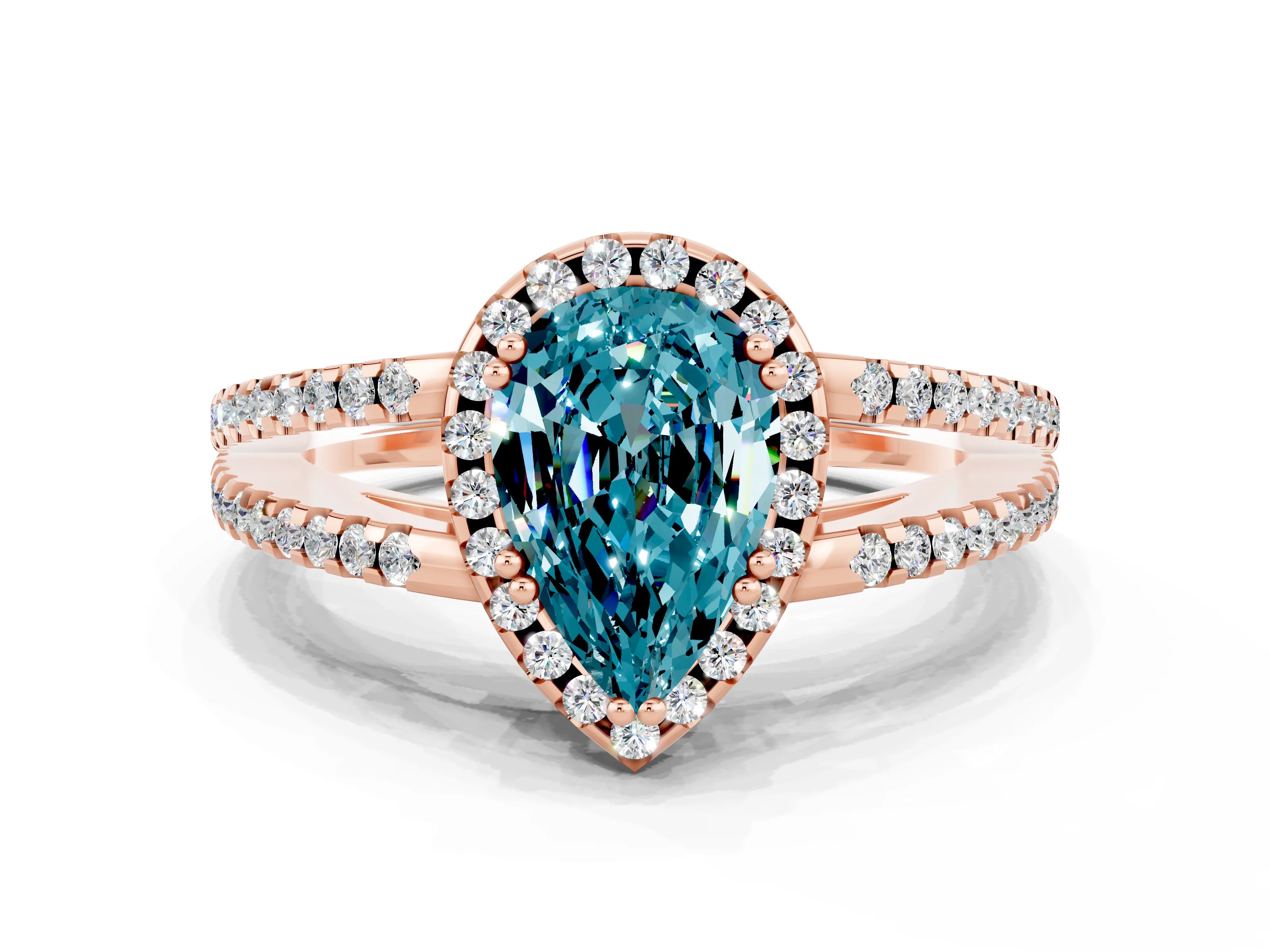 Rose gold Pear Cut Blue Topaz Halo Split Shank Engagement Ring_12