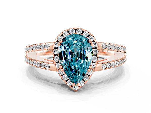Rose gold Pear Cut Blue Topaz Halo Split Shank Engagement Ring