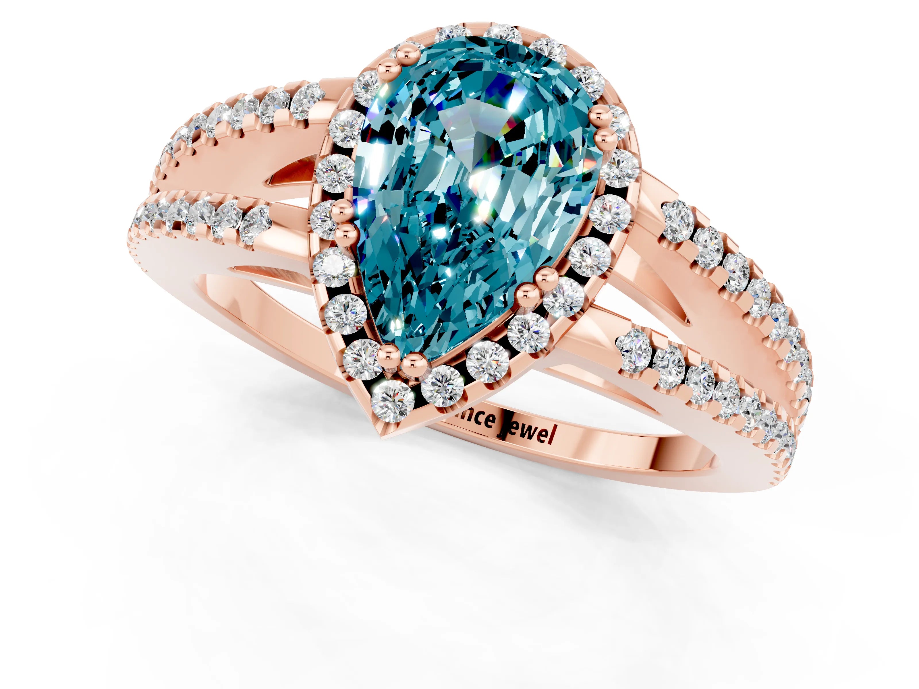 Rose gold Pear Cut Blue Topaz Halo Split Shank Engagement Ring_13