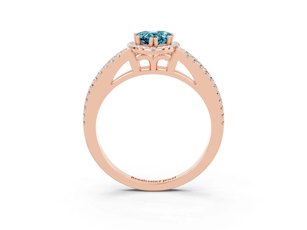 Rose gold Pear Cut Blue Topaz Halo Split Shank Engagement Ring