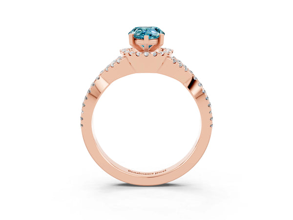 Rose gold Pear Cut Blue Topaz  Halo Twist Band Solitaire Prong Setting Ring