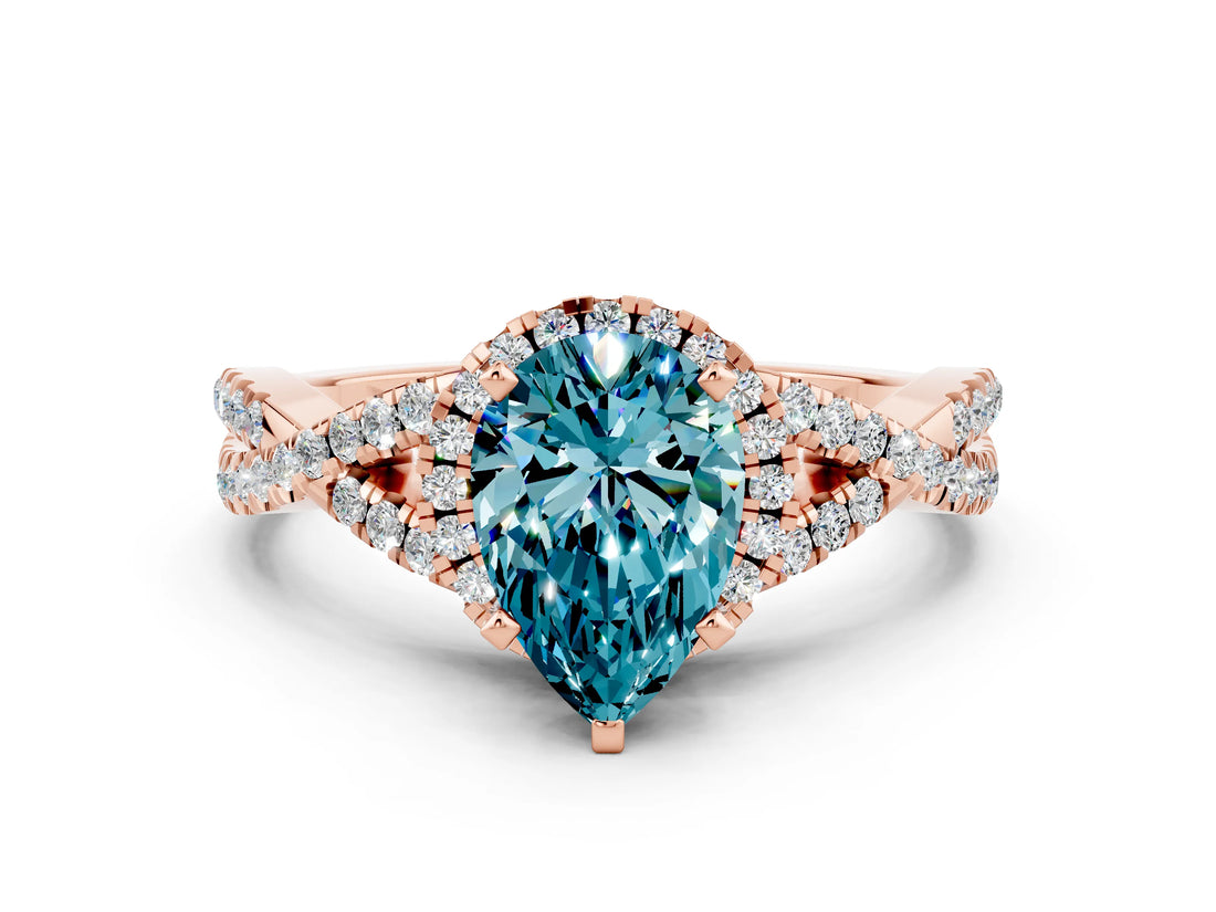 Rose gold Pear Cut Blue Topaz  Halo Twist Band Solitaire Prong Setting Ring_42