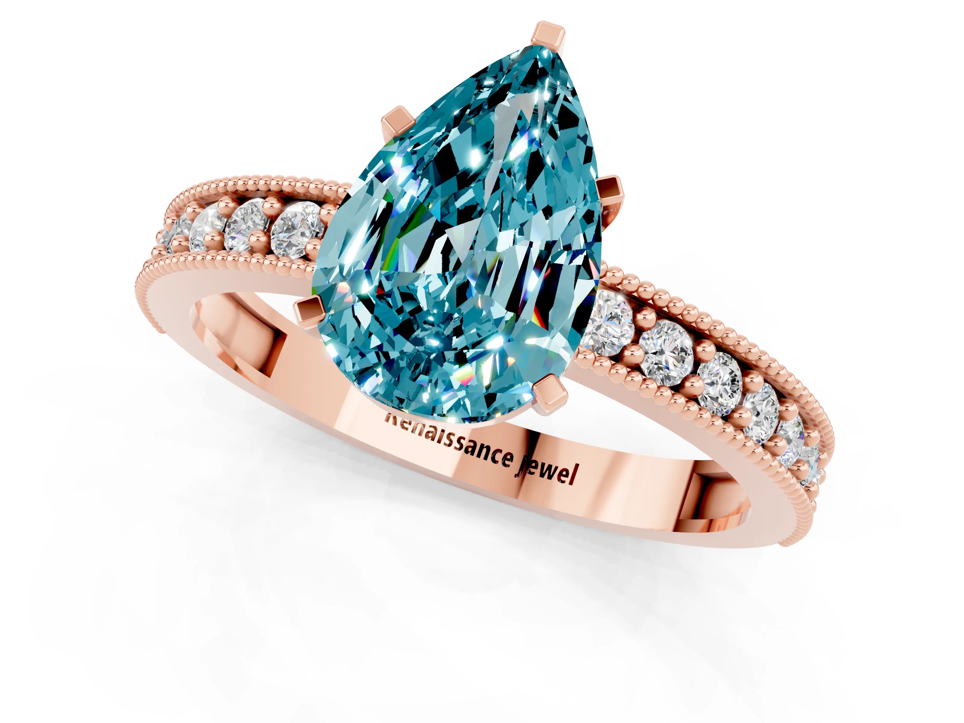 Rose gold Pear Cut Blue Topaz Milgrain Pavé Engagement Ring with Four-Prong Setting_1