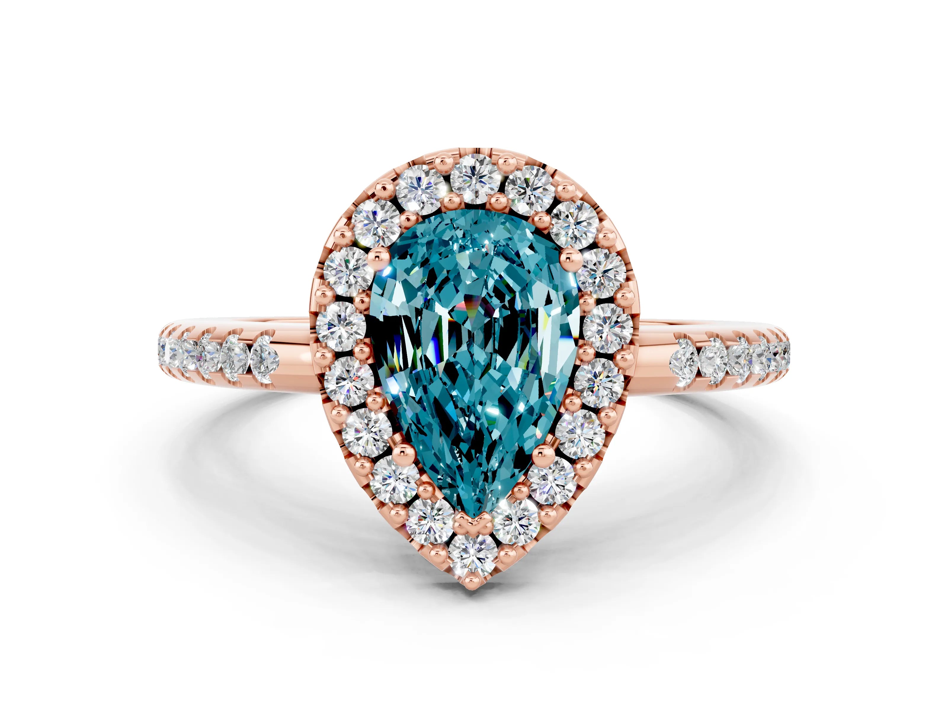 Rose gold Pear Cut Blue Topaz Pavé Halo Ring with Four-Prong Setting_12
