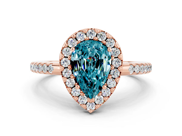 Rose gold Pear Cut Blue Topaz Pavé Halo Ring with Four-Prong Setting