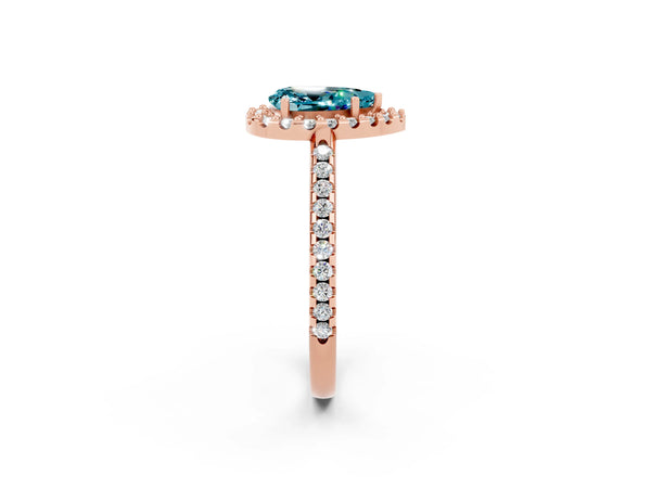 Rose gold Pear Cut Blue Topaz Pavé Halo Ring with Four-Prong Setting