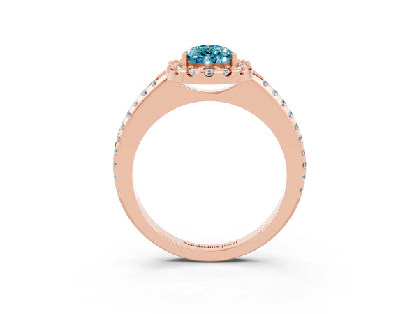 Rose gold Pear Cut Blue Topaz Pavé Halo Ring with Four-Prong Setting