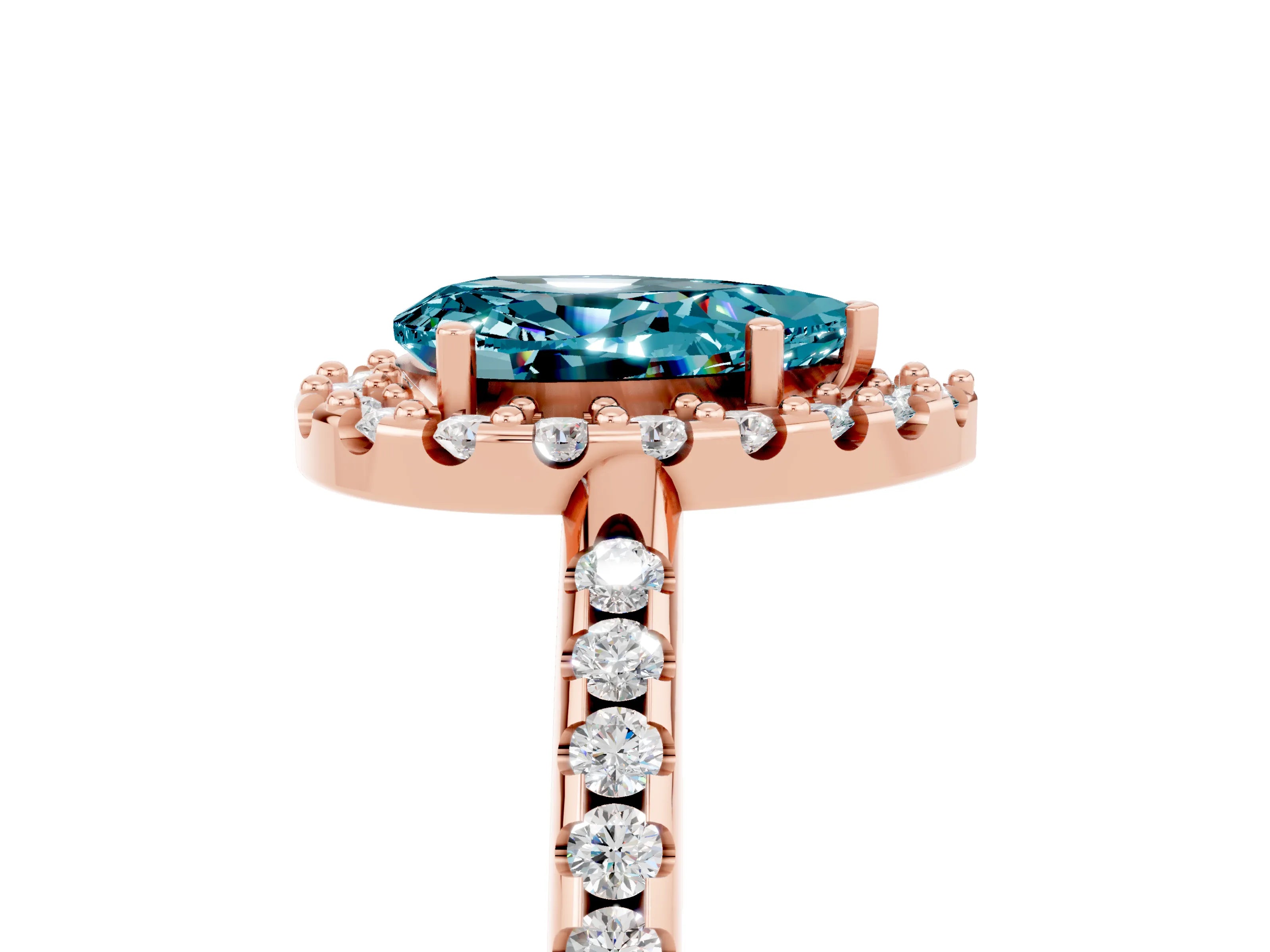 Rose gold Pear Cut Blue Topaz Pavé Halo Ring with Four-Prong Setting_17