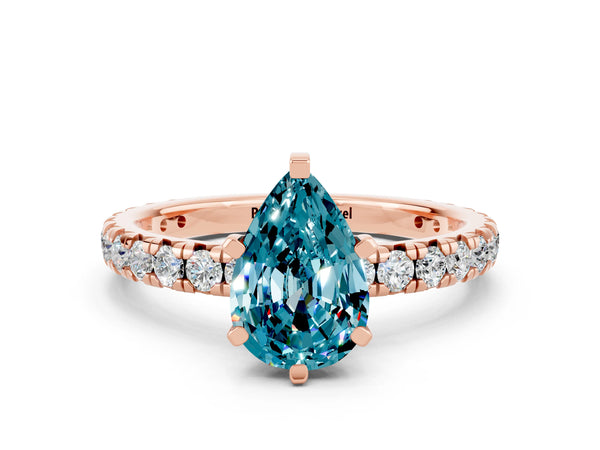 Rose gold Pear Cut Blue Topaz Pavé Solitaire Ring with Round Band and Prong Setting