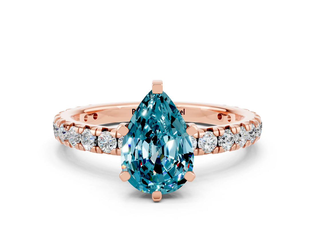 Rose gold Pear Cut Blue Topaz Pavé Solitaire Ring with Round Band and Prong Setting_24