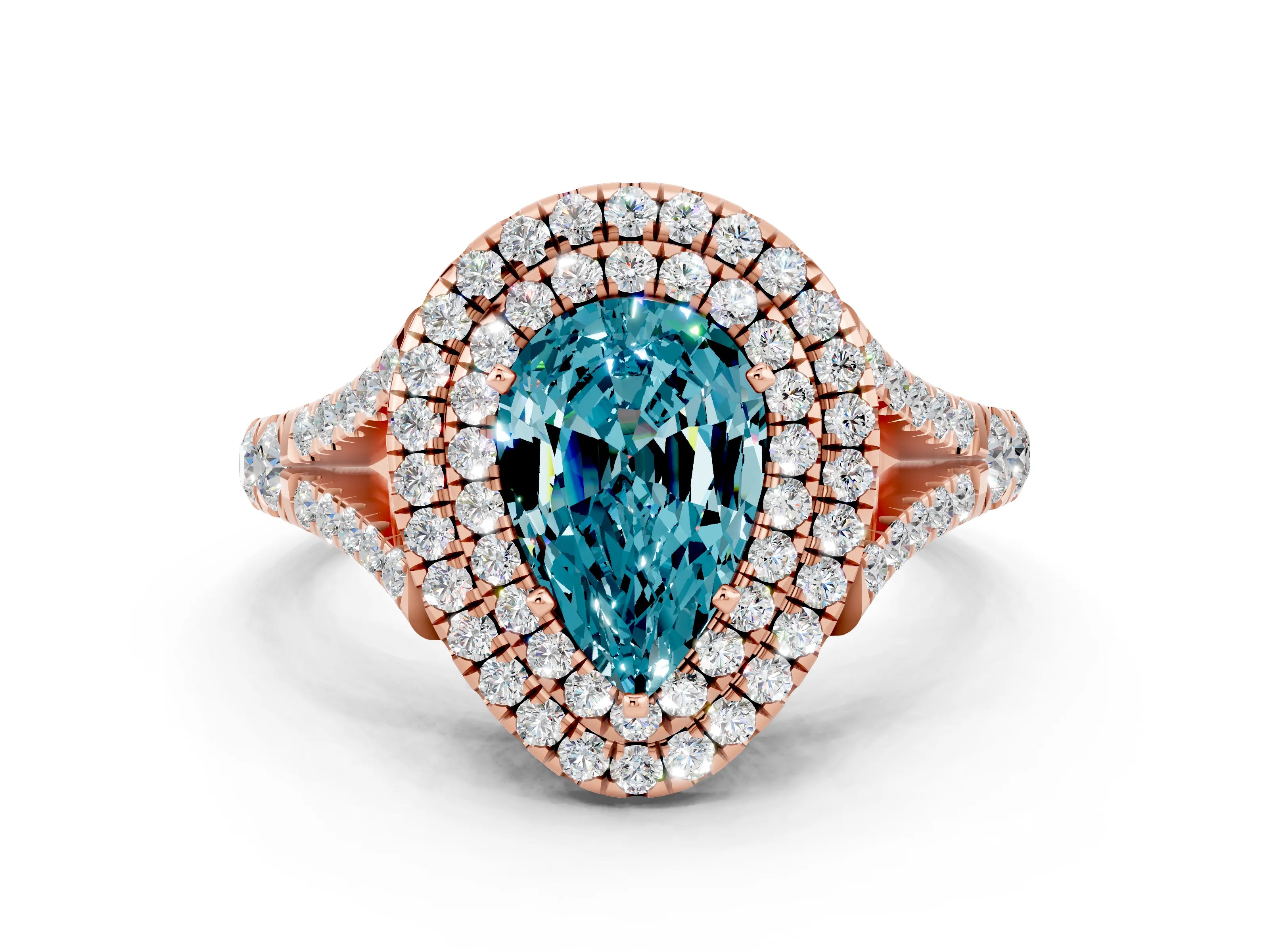 Rose gold Pear Cut Blue Topaz Pavé Split Shank Double Halo Engagement Ring