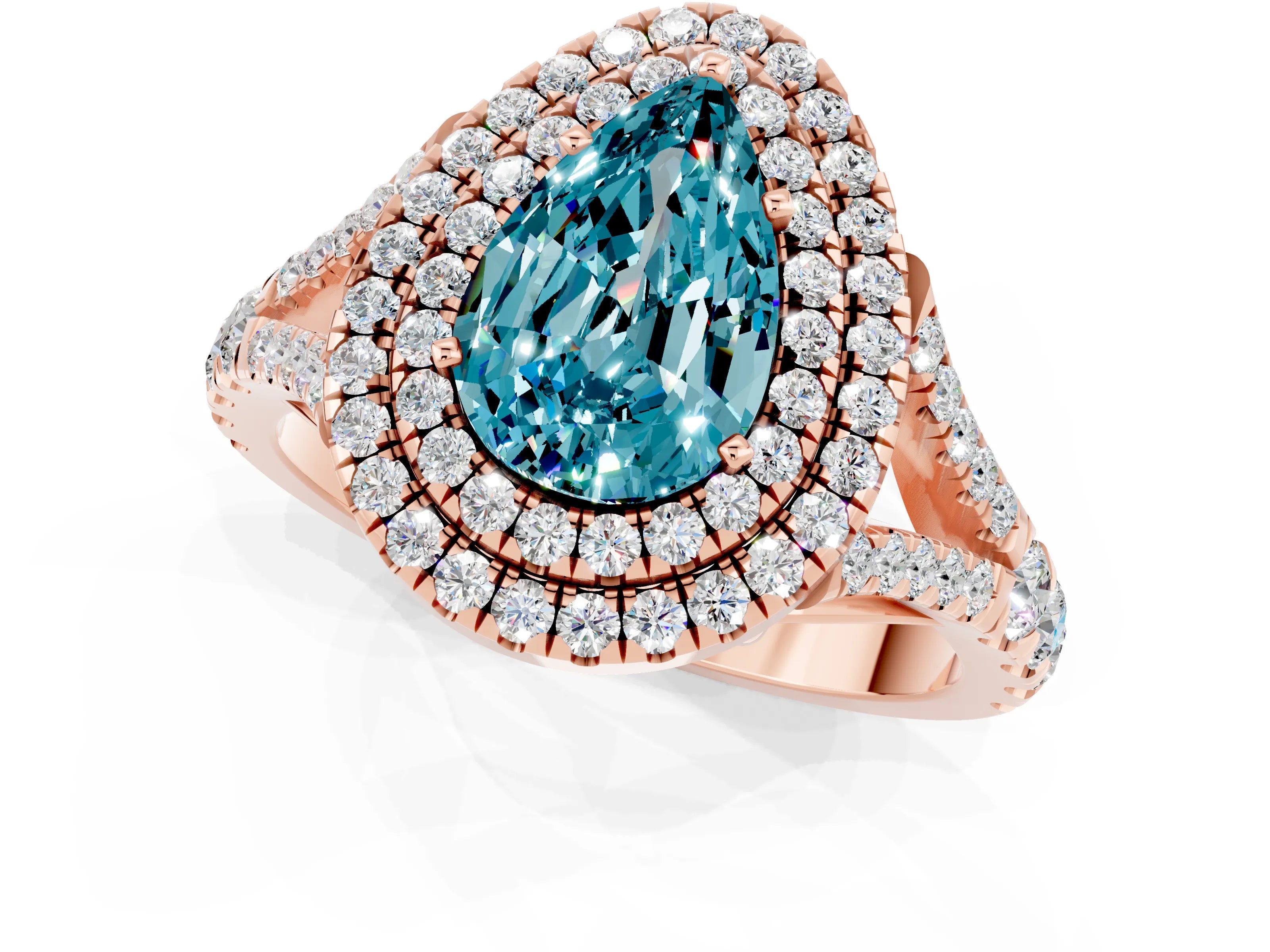 Rose gold Pear Cut Blue Topaz Pavé Split Shank Double Halo Engagement Ring_1