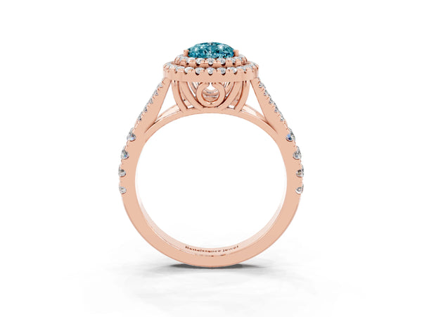 Rose gold Pear Cut Blue Topaz Pavé Split Shank Double Halo Engagement Ring