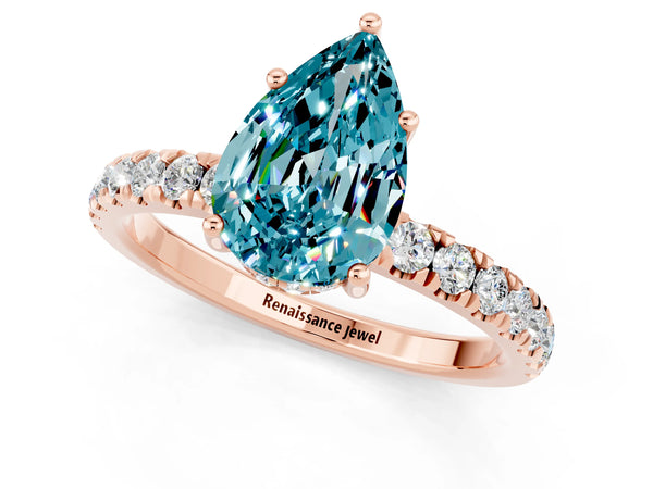 Rose gold Pear Cut Blue Topaz Pave Band Solitaire Ring with Round  and Prong Setting