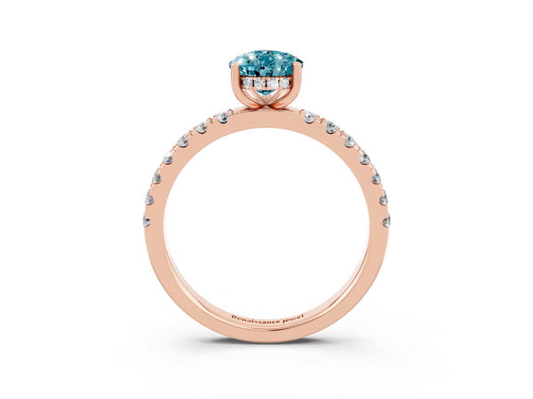Rose gold Pear Cut Blue Topaz Pave Band Solitaire Ring with Round  and Prong Setting