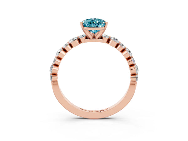 Rose gold Pear Cut Blue Topaz Prong Set Engagement Ring with Pavé Band