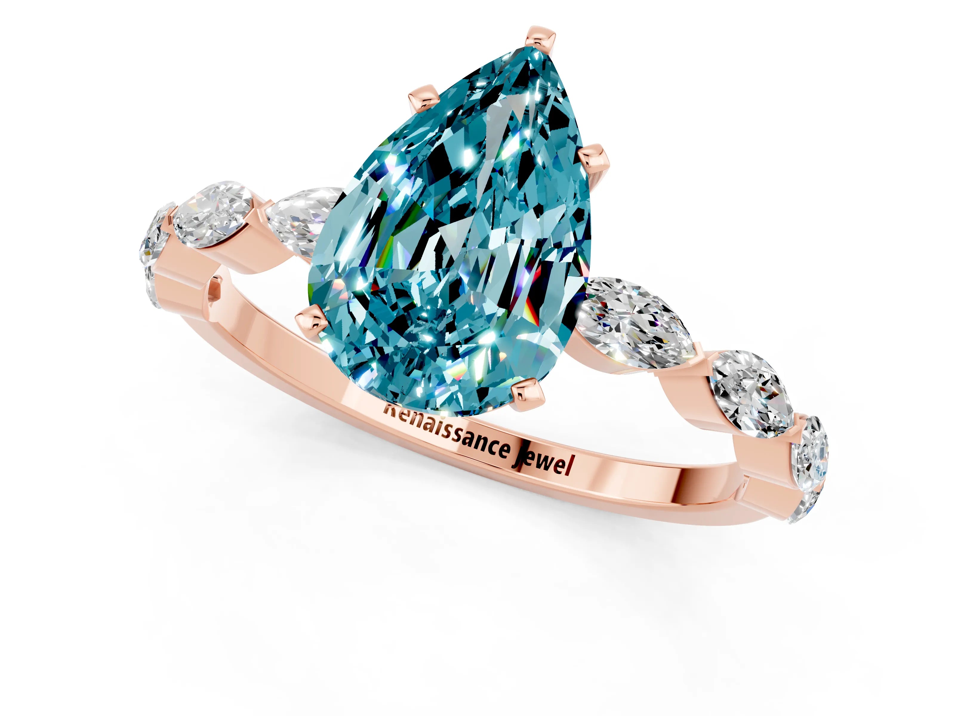 Rose gold Pear Cut Blue Topaz Ring with Marquise Side Stones and Prong Setting_1