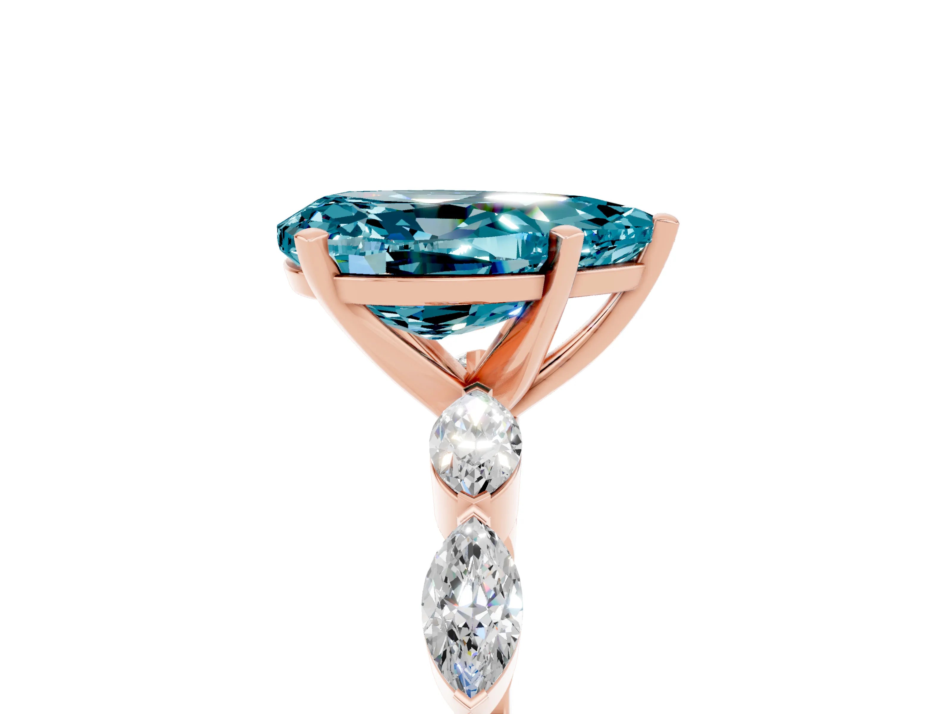 Rose gold Pear Cut Blue Topaz Ring with Marquise Side Stones and Prong Setting_5