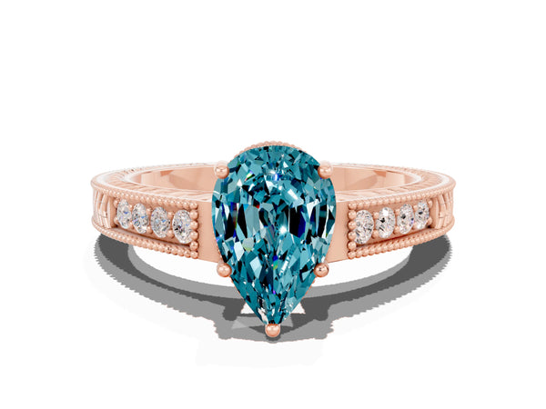 Rose gold Pear Cut Blue Topaz Ring with Milgrain Pavé Band and Four-Prong Setting