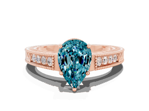Rose gold Pear Cut Blue Topaz Ring with Milgrain Pavé Band and Four-Prong Setting_12