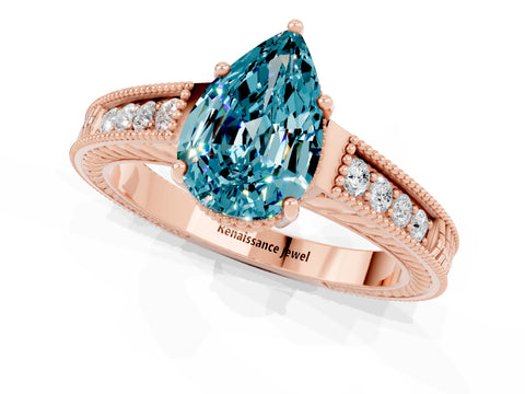 Rose gold Pear Cut Blue Topaz Ring with Milgrain Pavé Band and Four-Prong Setting_13