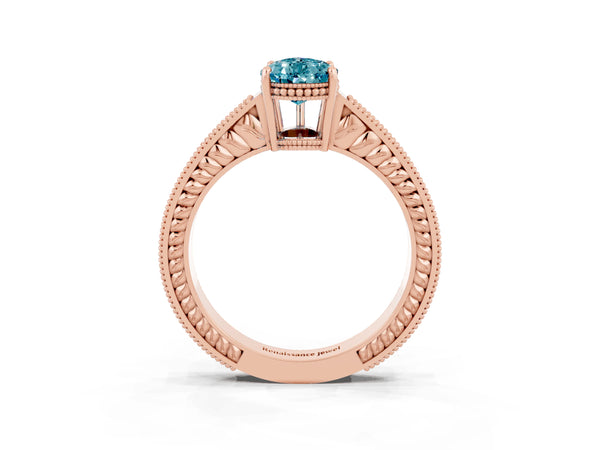 Rose gold Pear Cut Blue Topaz Ring with Milgrain Pavé Band and Four-Prong Setting