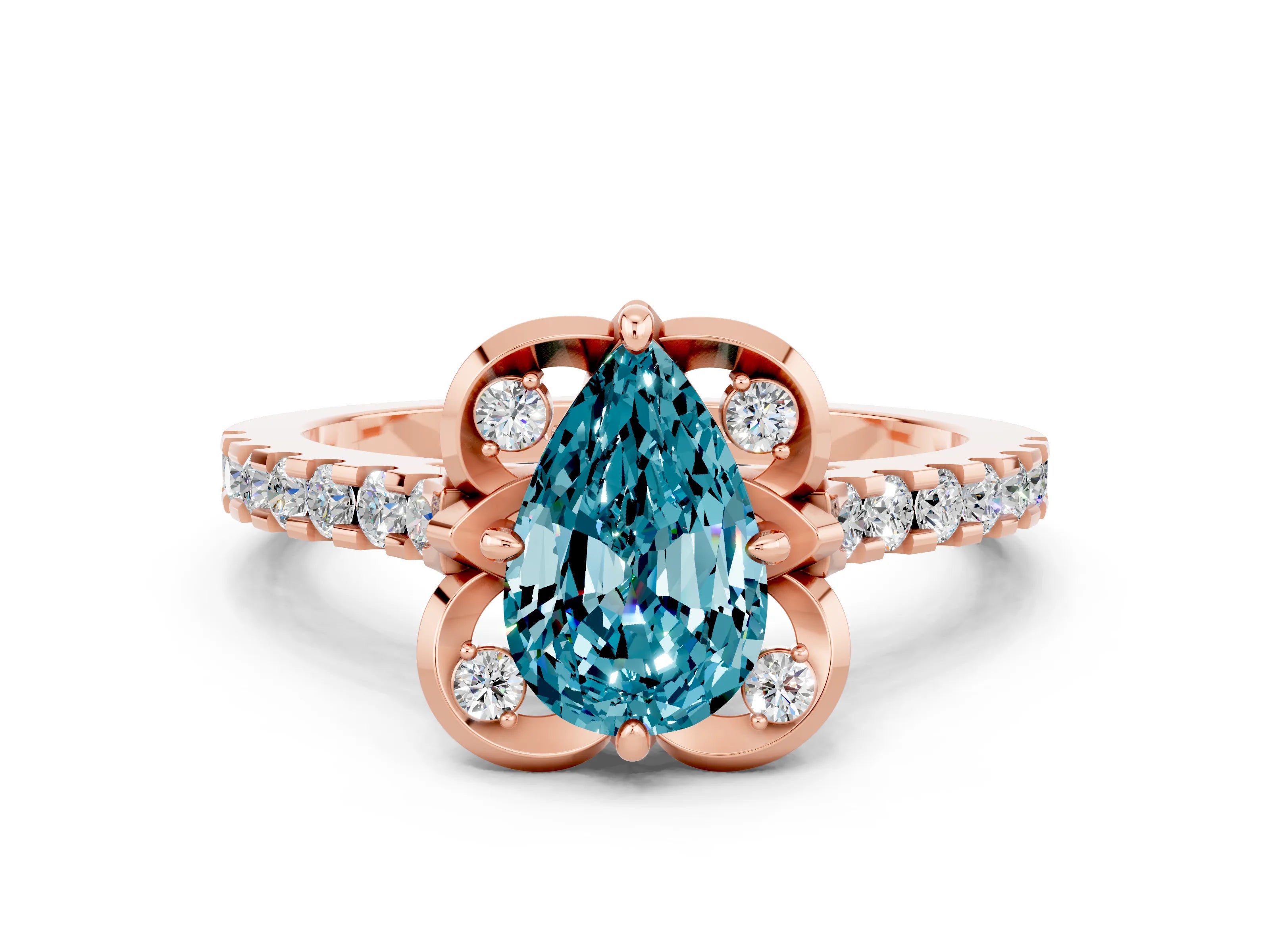 Rose gold Pear Cut Blue Topaz Ring with Pavé Band and Floral Prong Setting