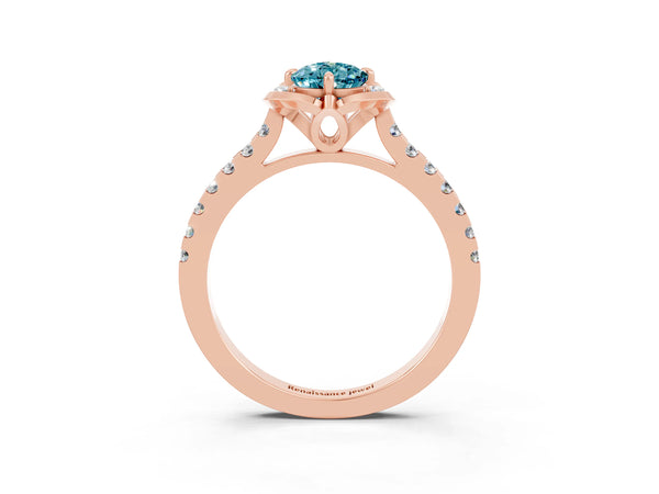 Rose gold Pear Cut Blue Topaz Ring with Pavé Band and Floral Prong Setting