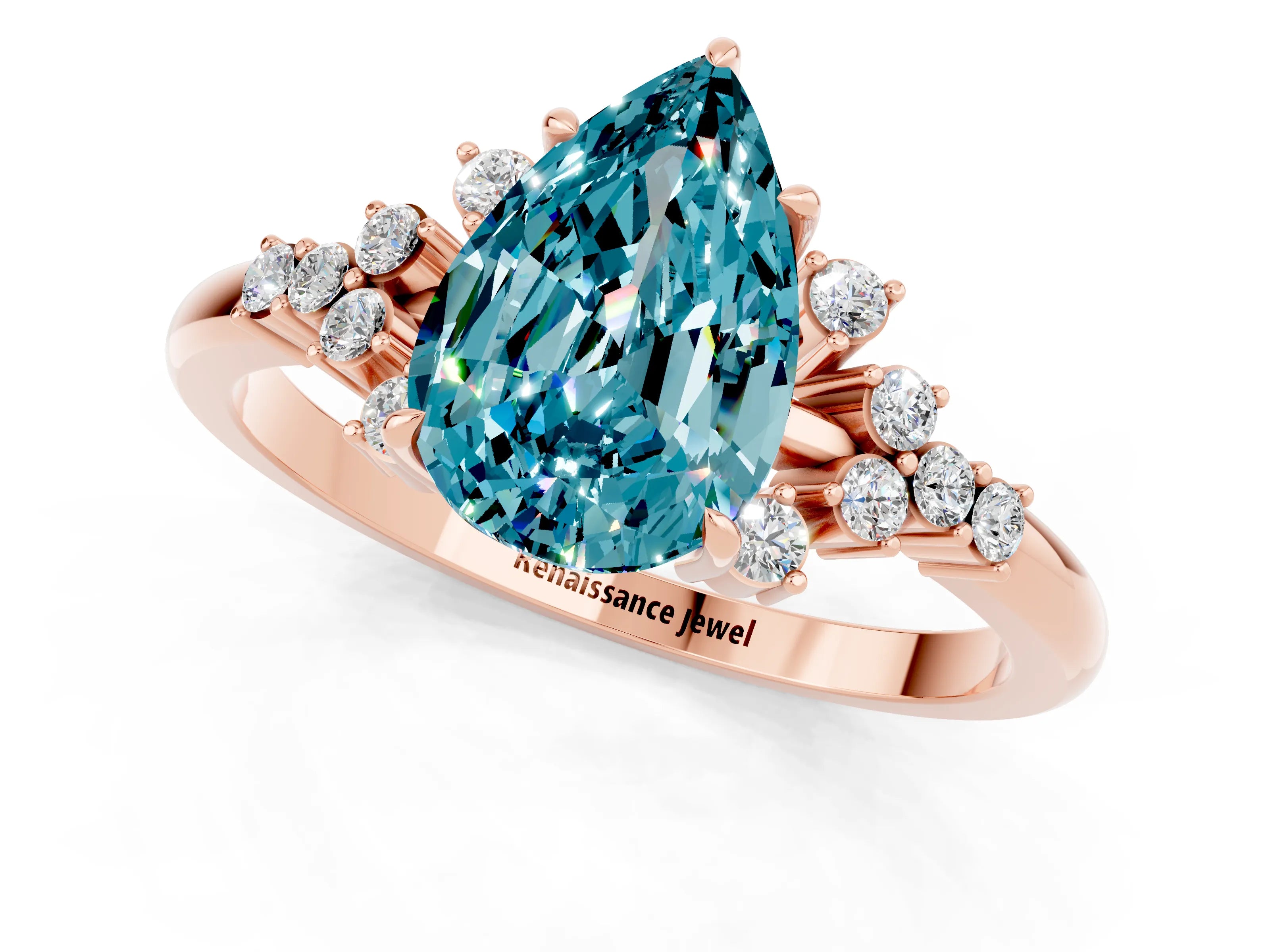Rose gold Pear Cut Blue Topaz Ring with Side Stones and Four-Prong Setting_37