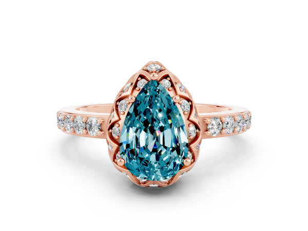 Rose gold Pear Cut Blue Topaz Scalloped Halo Engagement Ring with Round Shared Prong Band