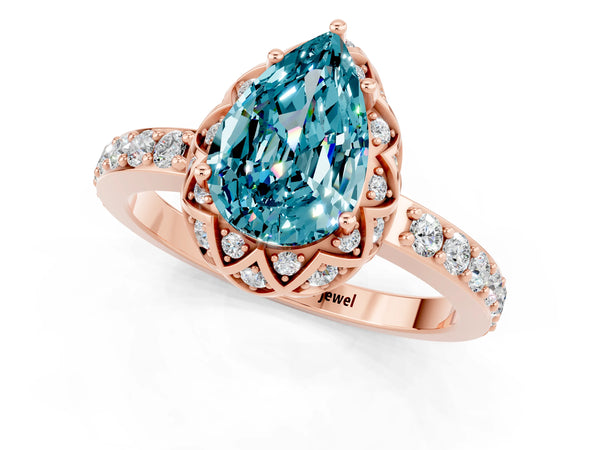 Rose gold Pear Cut Blue Topaz Scalloped Halo Engagement Ring with Round Shared Prong Band