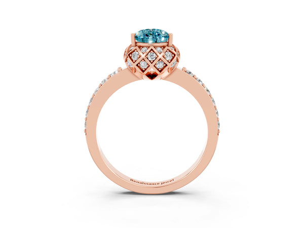 Rose gold Pear Cut Blue Topaz Scalloped Halo Engagement Ring with Round Shared Prong Band