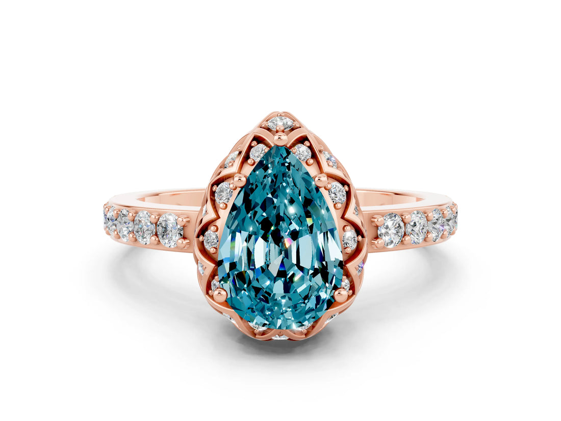 Rose gold Pear Cut Blue Topaz Scalloped Halo Engagement Ring with Round Shared Prong Band_24