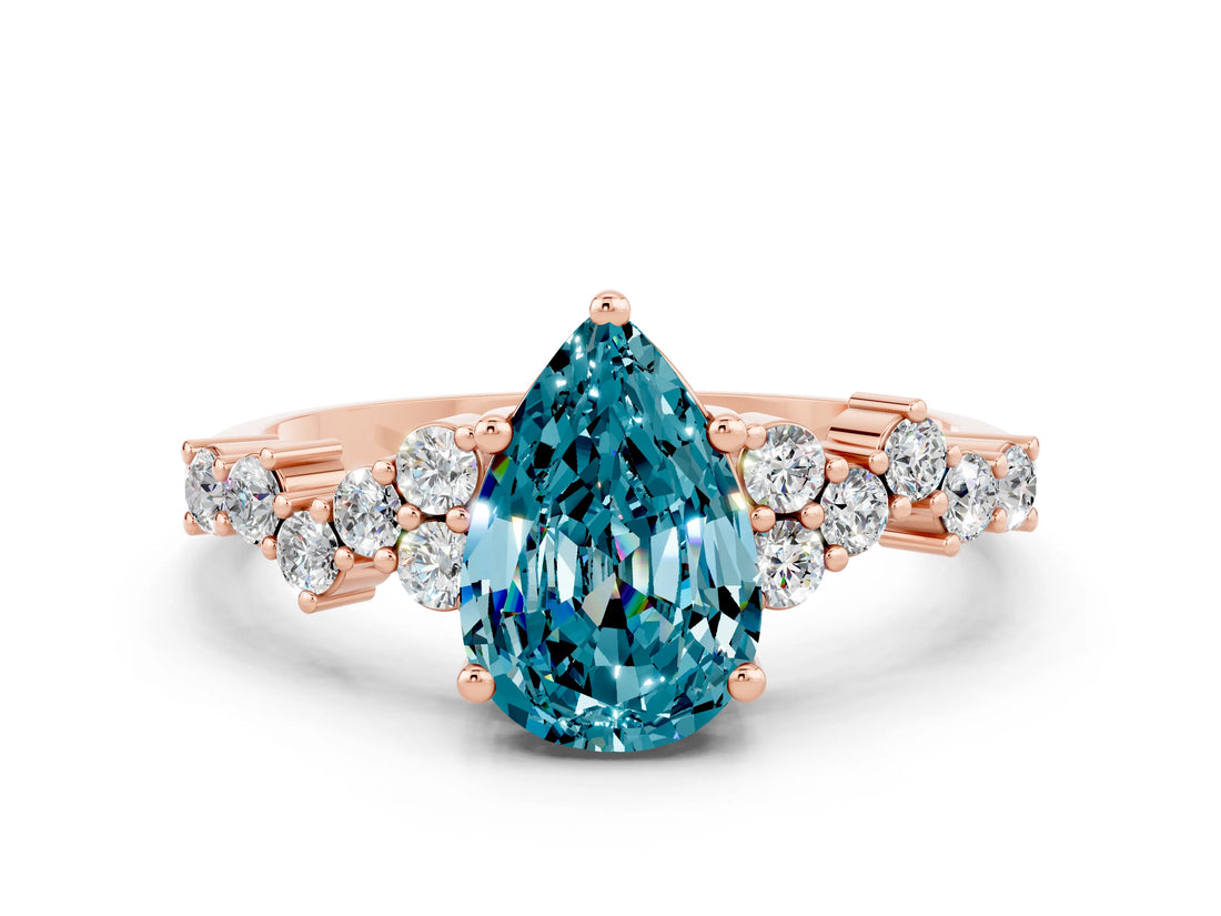 Rose gold Pear Cut Blue Topaz Scattered Round Accent Ring with Prong Setting_12