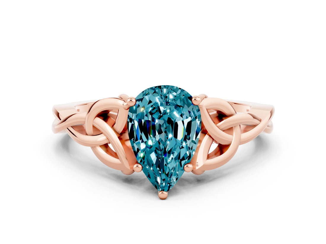 Rose gold Pear Cut Blue Topaz Solitaire Celtic Knot Ring with Four-Prong Setting_12