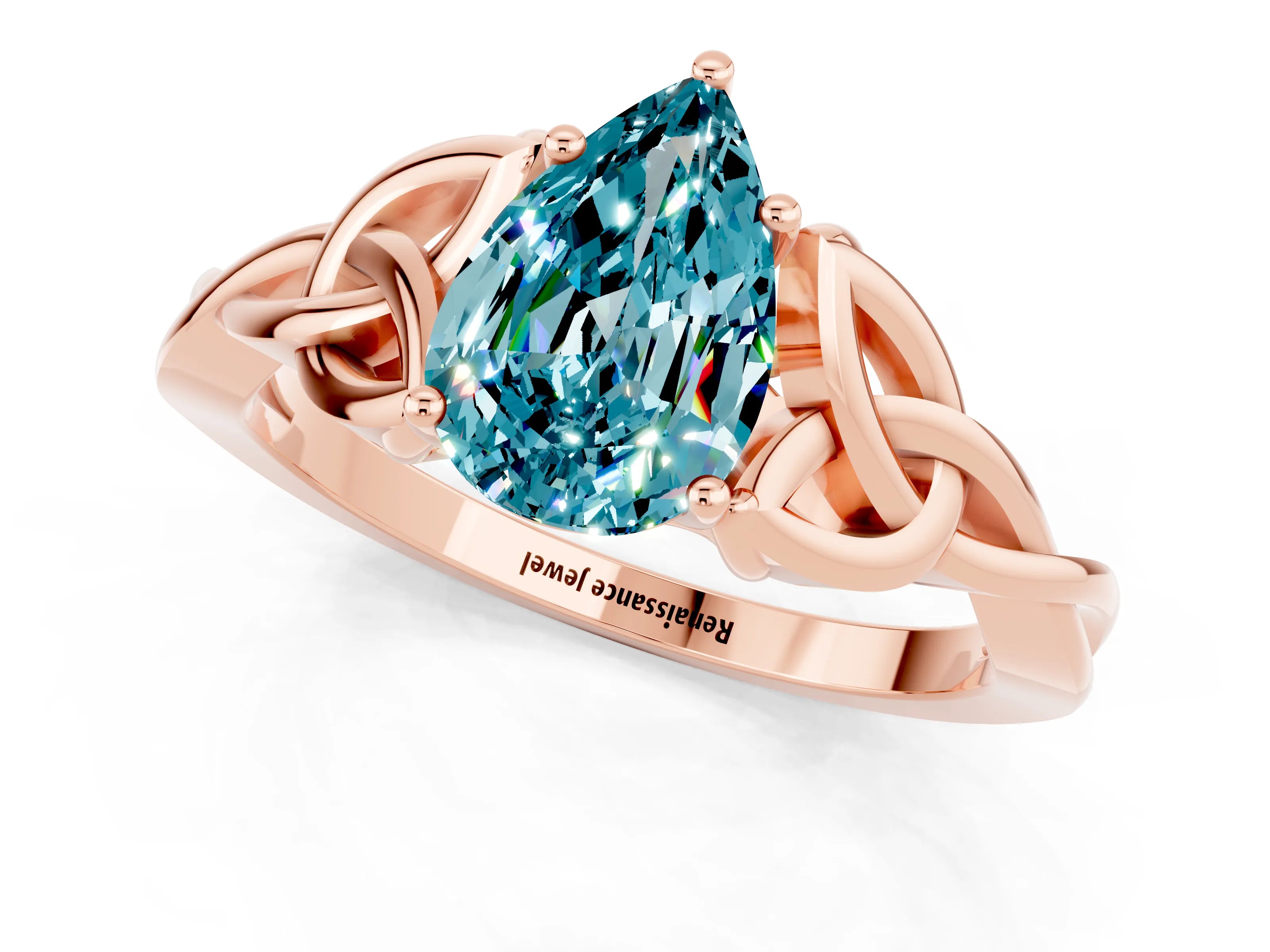 Rose gold Pear Cut Blue Topaz Solitaire Celtic Knot Ring with Four-Prong Setting_13